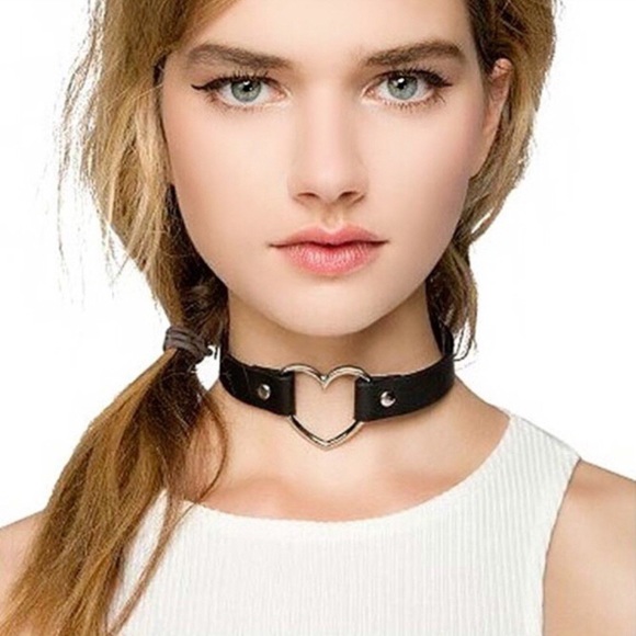 Goth Chrome Heart Choker / Wrapped Layer Bracelet w Black Adjustable Strap NIBag - Picture 8 of 14